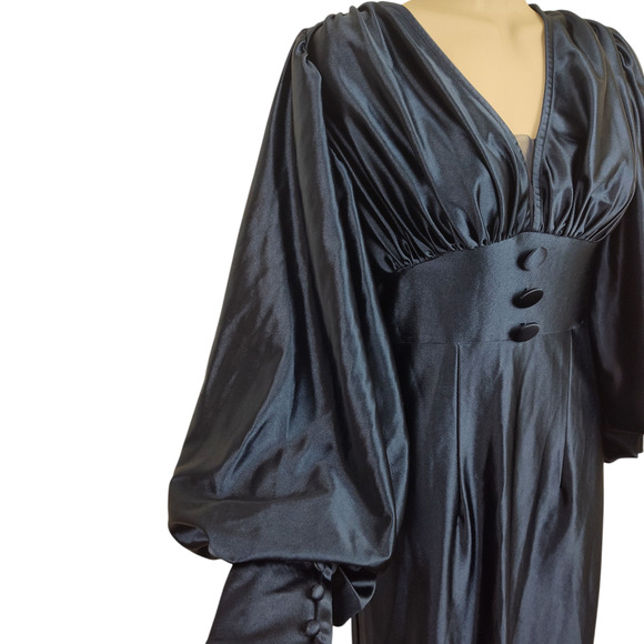 SHEIN Maxi Dress Womens Small Black Satin Long Puff Sleeve Deep V Button Gown - Picture 6 of 16